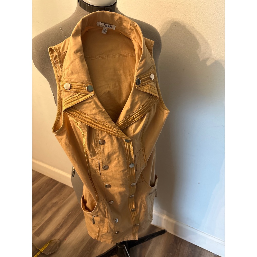 Entry Womens Mustard Tan Double Breasted Utility Vest Metallic Trim Medium